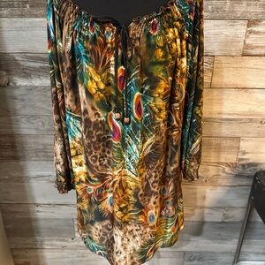 NWT Mechant Oversized Multicolor Peacock Print Blouse